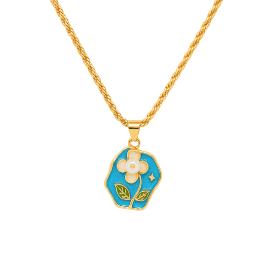 Collar dije flor fondo azul